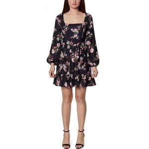 BCBGeneration Women's Long Sleeve Square Neck Tie Belt Flounce Hem Mini Dress 8